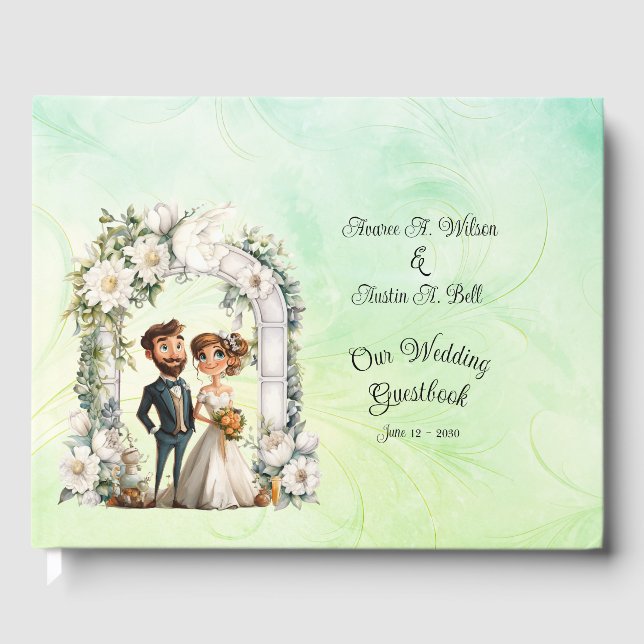 Whimsical Bride Groom Wedding Arch Blue Green Guest Book (Front)