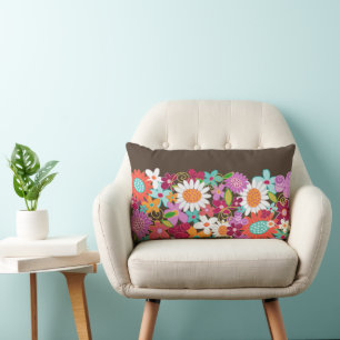 Whimsical Bright Colourful Spring Flowers Garden Lumbar Pillow