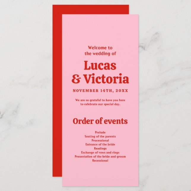 Whimsical Bright  Red and Pink Wedding Program  (Front/Back)
