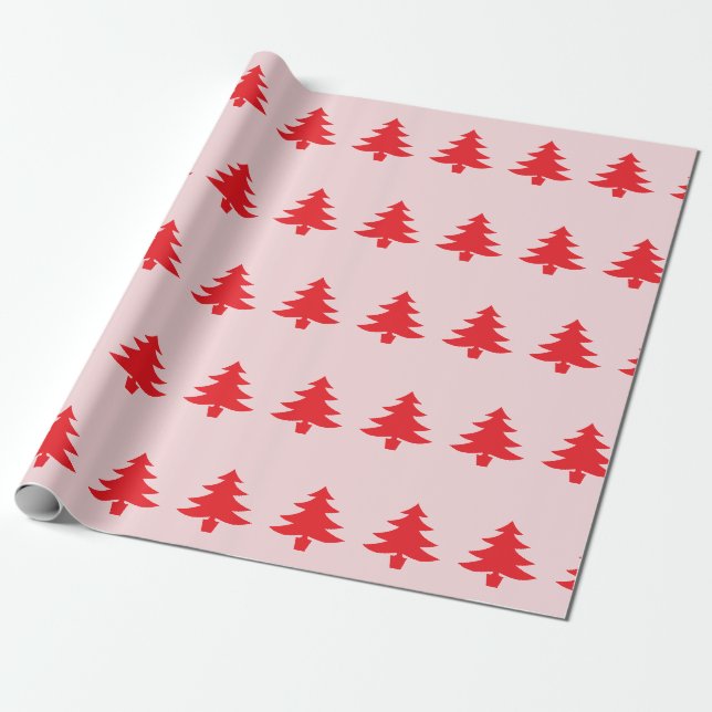 Whimsical Bright Red Christmas Trees on Pale Pink Wrapping Paper (Unrolled)