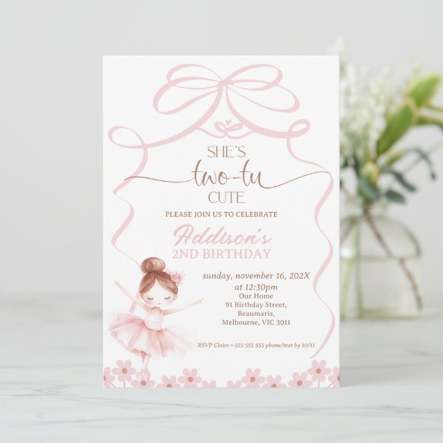 Whimsical Brown Ballerina Two Tu Cute 2nd Birthday Invitation (Standing Front)