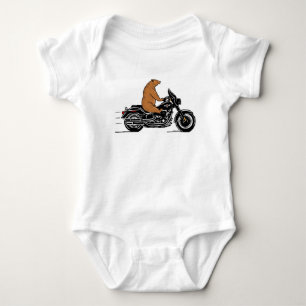 Whimsical brown bear riding a motorcycle baby bodysuit