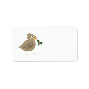 Whimsical Brown Bird with a Sprig of Holly Label
