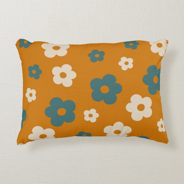 Whimsical Brown & Blue Floral Retro, Cheerful Accent Pillow (Front)