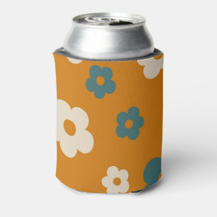 Whimsical Brown & Blue Floral Retro, Cheerful Can Cooler