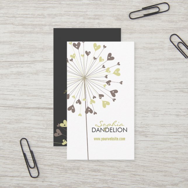 Whimsical Brown Dandelions Love Hearts Modern Chic Business Card (Front/Back In Situ)