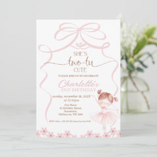 Whimsical Brown Hair Ballerina Two Tu 2nd Birthday Invitation