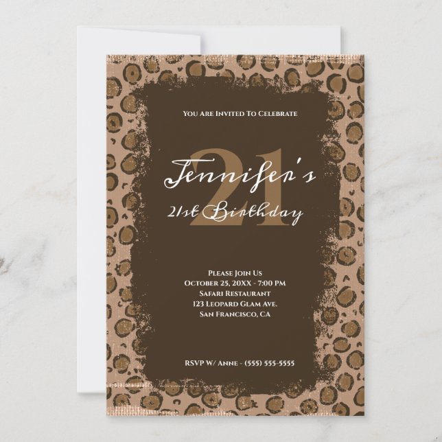 Whimsical Brown Leopard Grunge 21st Birthday Invitation (Front)