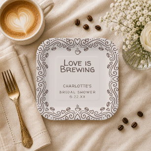 Whimsical Brown Love Is Brewing Bridal Shower Paper Plate