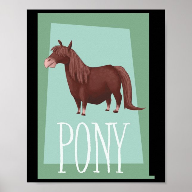 Whimsical Brown Shetland Pony On Green Retro Backd Poster (Front)
