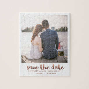 Whimsical Brush Script Photo Save the Date Copper Jigsaw Puzzle