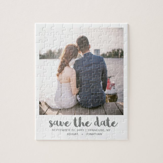 Whimsical Brush Script Photo Save the Date Grey Jigsaw Puzzle (Vertical)