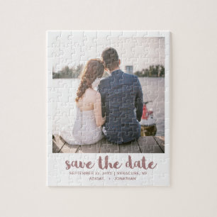 Whimsical Brush Script Photo Save the Date Rose Jigsaw Puzzle