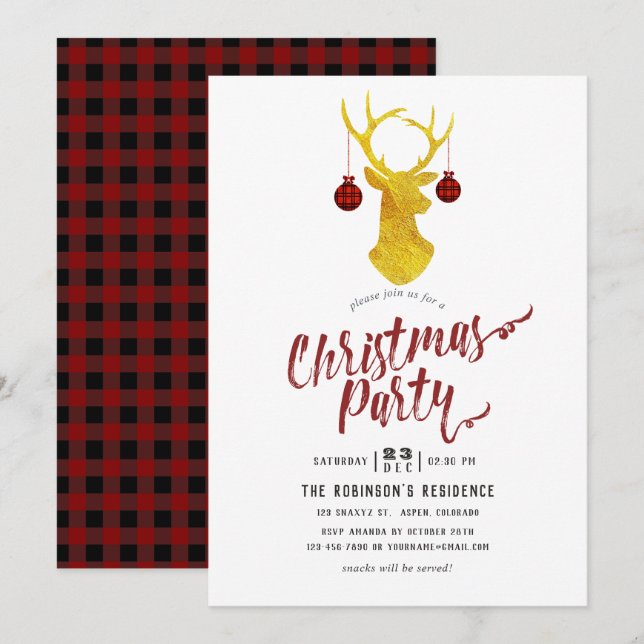 Whimsical Buffalo Plaid Rustic Christmas Party Invitation (Front/Back)