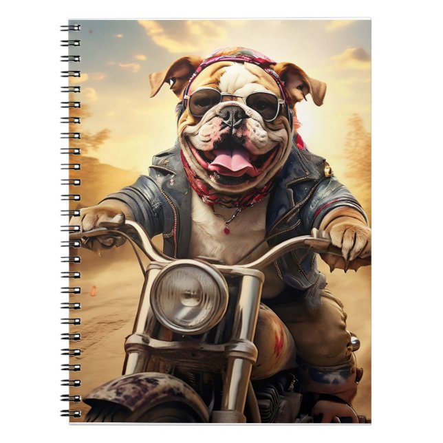 Whimsical Bulldog Chopper Riding a Motorcycle Notebook (Front)