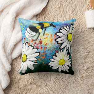 Whimsical Bumble Bee & Daisies Floral Abstract Throw Pillow
