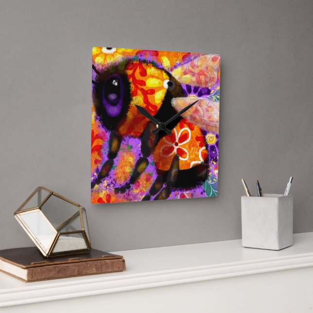 Whimsical Bumble Bee Floral Red Yellow Purple Square Wall Clock (Office)