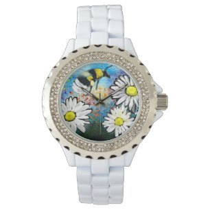 Whimsical Bumble Bee in Daisies Flowers Watch