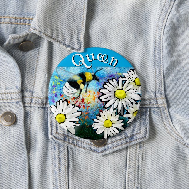 Whimsical Bumble Bee in Daisies Personalized 4 Inch Round Button (In Situ)