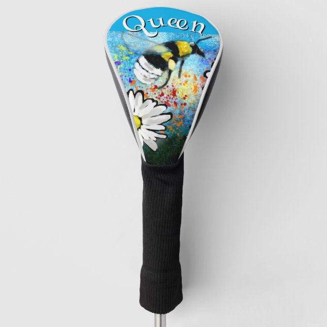 Whimsical Bumble Bee in Daisies Personalized Golf Head Cover (Front)