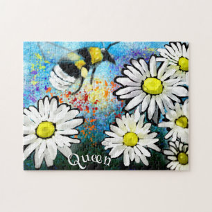 Whimsical Bumble Bee in Daisies Personalized Jigsaw Puzzle