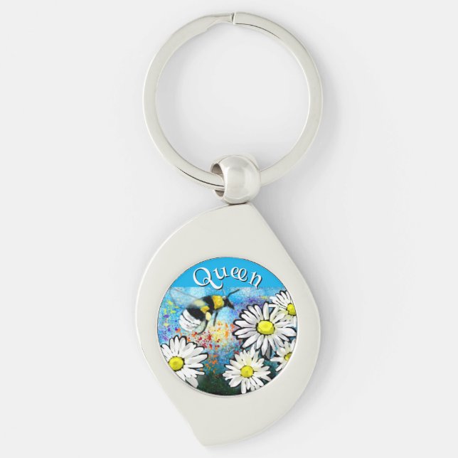 Whimsical Bumble Bee in Daisies Personalized Keychain (Front)