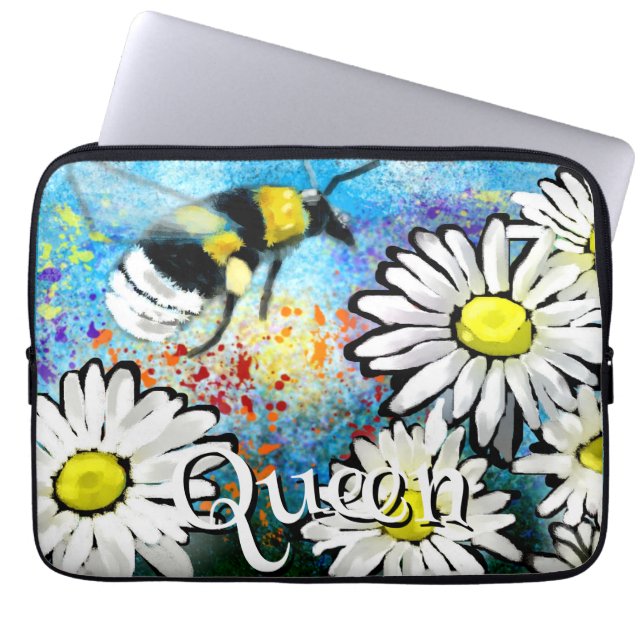 Whimsical Bumble Bee in Daisies Personalized Laptop Sleeve (Front)