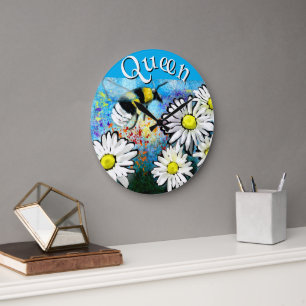 Whimsical Bumble Bee in Daisies Personalized Large Clock
