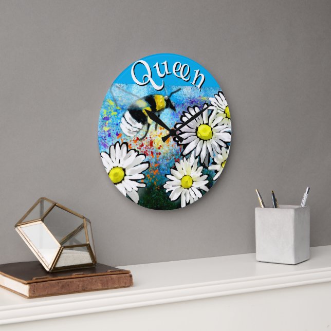 Whimsical Bumble Bee in Daisies Personalized Large Clock (Office)