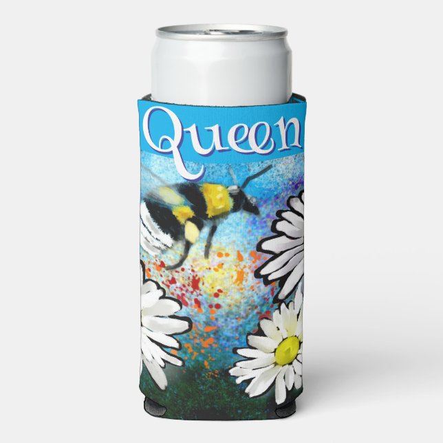 Whimsical Bumble Bee in Daisies Personalized Seltzer Can Cooler (Seltzer Front)