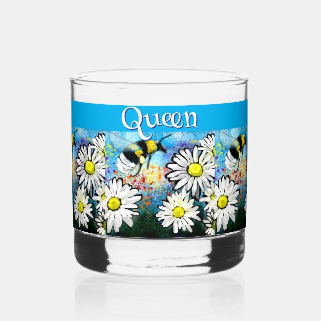 Whimsical Bumble Bee in Daisies Personalized Whiskey Glass (Front)