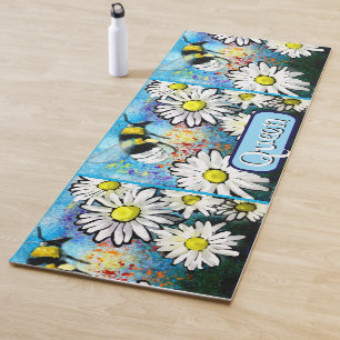 Whimsical Bumble Bee in Daisies Personalized Yoga Mat