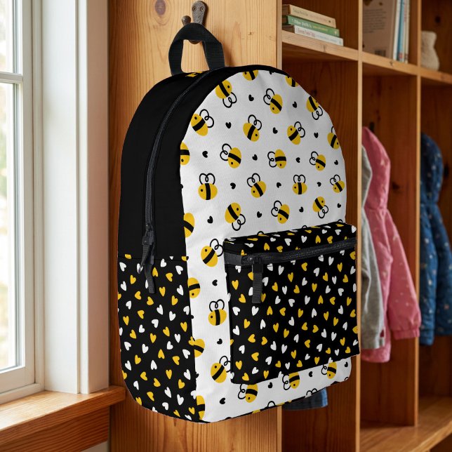 Whimsical Bumblebee & Hearts with Name Cute Kids Printed Backpack (Personalized bee themed kids backpack)