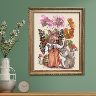 Whimsical Bunnerfly and Rabbit Watercolor Art Poster