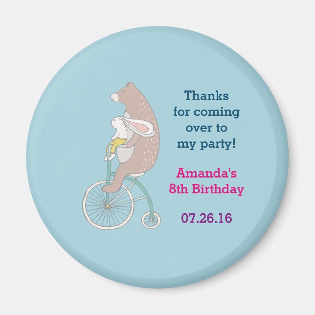 Whimsical Bunny and Bear Birthday Thank You Magnet (Front)