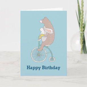 Whimsical Bunny and Bear Happy Birthday Card