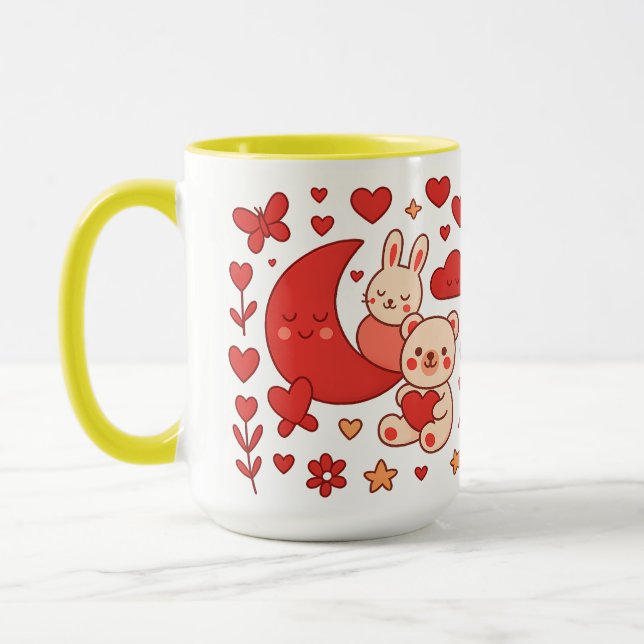Whimsical Bunny and Bear Moon Heart Ceramic Mug (Left)