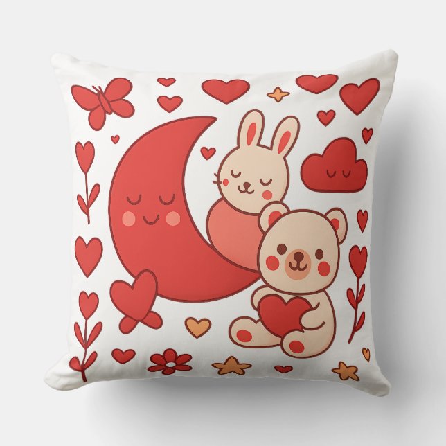 Whimsical Bunny and Bear Moon Heart Throw Pillow (Front)