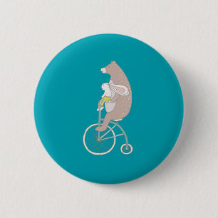Whimsical Bunny and Bear Riding a Bike 2 Inch Round Button
