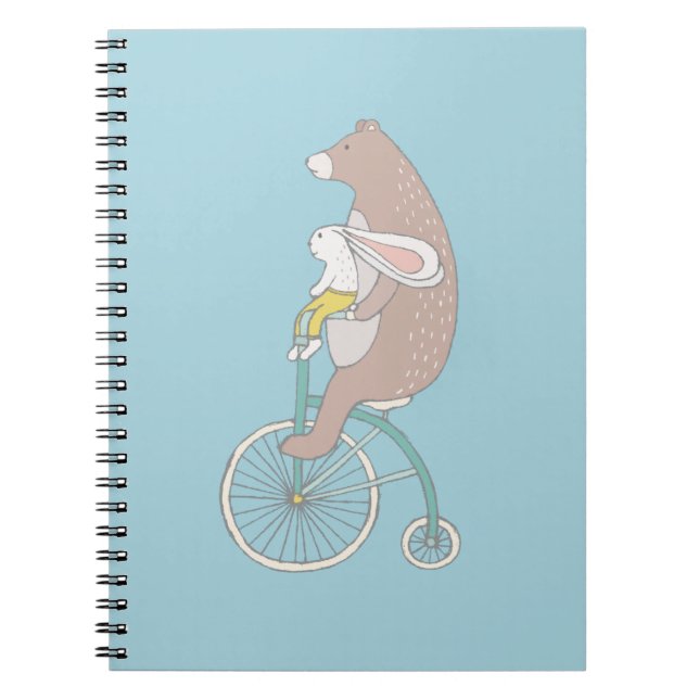 Whimsical Bunny and Bear Riding a Bike Notebook (Front)