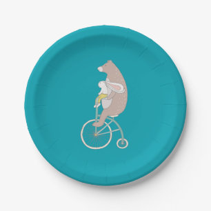 Whimsical Bunny and Bear Riding a Bike Paper Plate