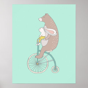 Whimsical Bunny and Bear Riding a Bike Poster