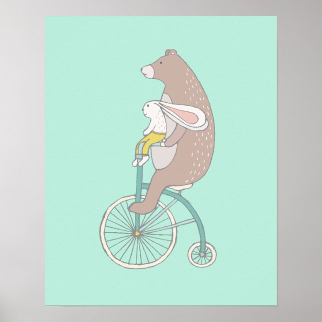 Whimsical Bunny and Bear Riding a Bike Poster (Front)