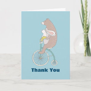 Whimsical Bunny and Bear Riding a Bike Thank You Card