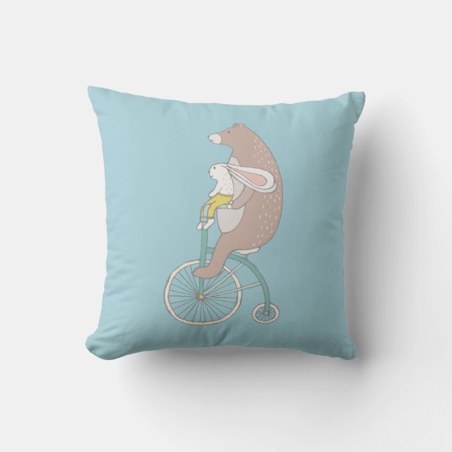 Whimsical Bunny and Bear Riding a Bike Throw Pillow (Front)
