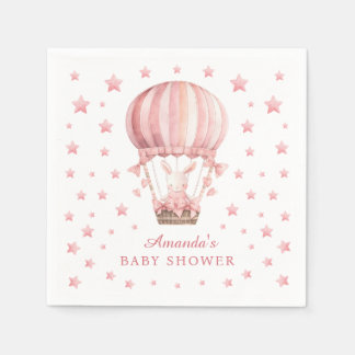 Whimsical Bunny Balloon Pink Stars Baby Shower Napkin