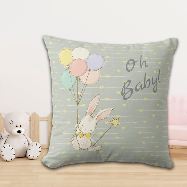 Whimsical Bunny Balloons and Flowers Baby Throw Pillow (Creator Uploaded)