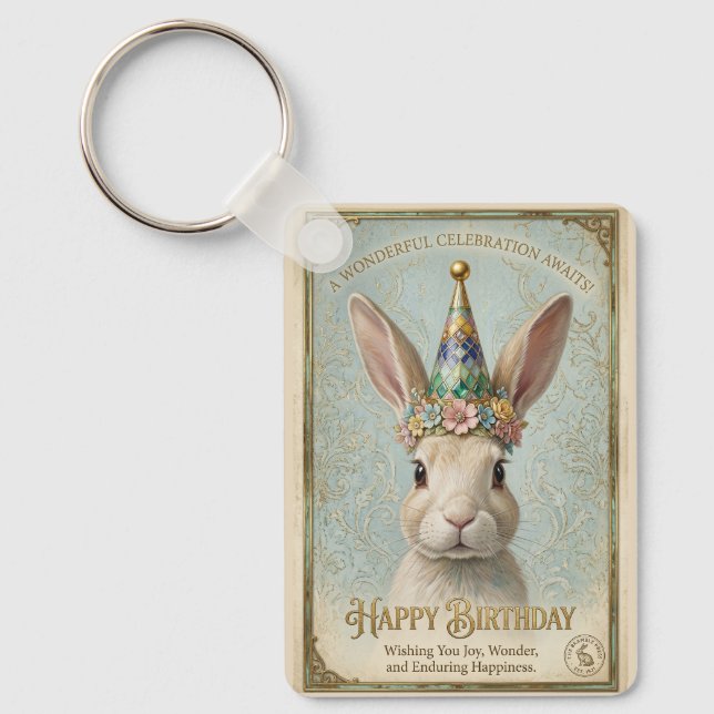 Whimsical Bunny Birthday Elegance Keychain (Front)