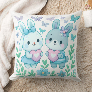 Whimsical Bunny Couple Heart Throw Pillow