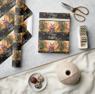 Whimsical bunny enchanted forest Happy Birthday Wrapping Paper